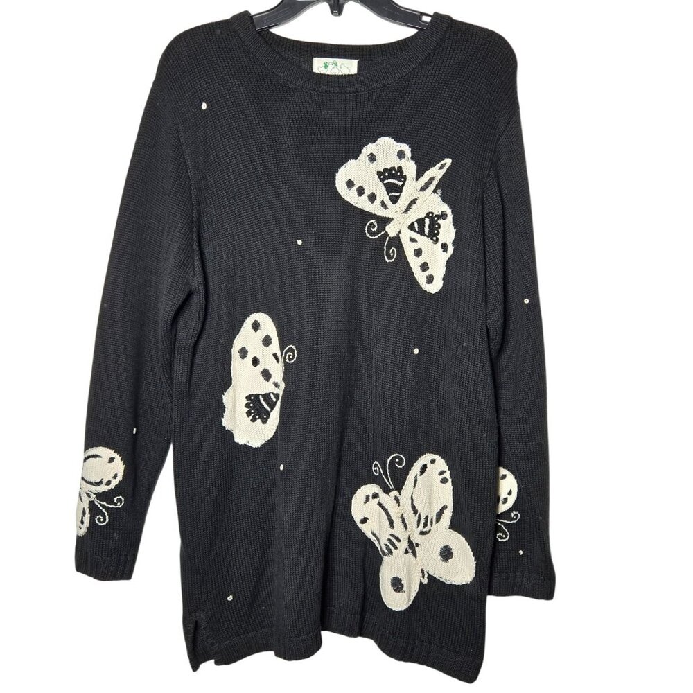 Quacker Factory Womens Black Butterfly Sweater Size‎ Medium Fairy Cottage Granny